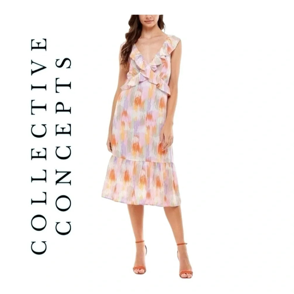 1869. COLLECTIVE CONCEPTS MIDI DRESS MULTICOLOR SIZE MEDIUM RUFFLES OPEN BACK